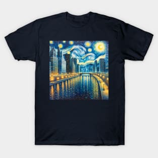 Chicago Riverwalk Starry Night - Beautiful Iconic Places T-Shirt